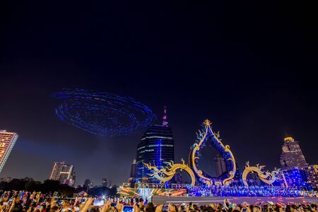 Bangkok,Thailand on November 11, 2018: Drone Light Show in Grand Opening Ceremony as seen from River Park of ICONSIAM, the new shopping complex on the riverbank of Chao Phraya River.のeditorial素材