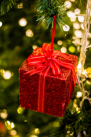 Red gift box as Christmas ornaments.の写真素材