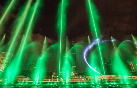 Bangkok, Thailand - December 18, 2018 : ICONIC Multimedia Water Features with Dancing Fountain Show at River Park of ICONSIAM, the new shopping complex on the riverbank of Chao Phraya River.のeditorial素材