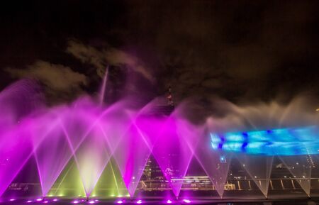 Bangkok, Thailand - December 18, 2018 : ICONIC Multimedia Water Features with Dancing Fountain Show at River Park of ICONSIAM,the new shopping complex on the riverbank of Chao Phraya River.のeditorial素材