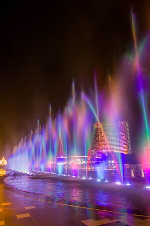 Bangkok, Thailand - December 10, 2018 : ICONIC Multimedia Water Features with Dancing Fountain Show at River Park of ICONSIAM, the new shopping complex on the riverbank of Chao Phraya River.のeditorial素材
