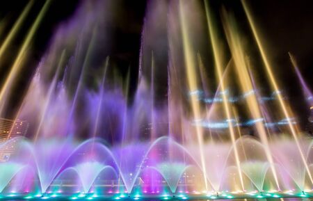 Bangkok, Thailand - December 10, 2018 : ICONIC Multimedia Water Features with Dancing Fountain Show at River Park of ICONSIAM, the new shopping complex on the riverbank of Chao Phraya River.のeditorial素材