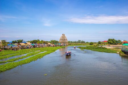 Suphanburi, Thailand - December 15, 2018 : Giant fish trap viewpoint and the long bamboo bridge as a new tourist attraction.のeditorial素材