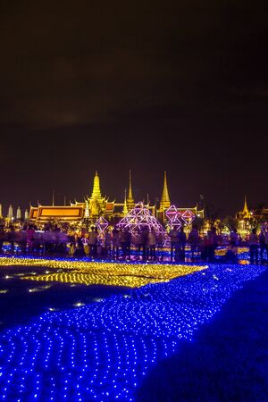 Bangkok, Thailand on May 25, 2019: Beautiful LED light decorations at Sanam Luang ceremonial ground, in front of Wat Phra Kaew and the Grand Palace to celebrate the Coronation of King Rama X.のeditorial素材