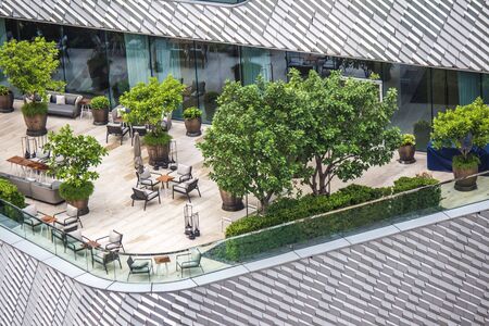 Bangkok, Thailand - August 10, 2019: Terrace zone of Siwilai City Club, on the 5th floor of CENTRAL...