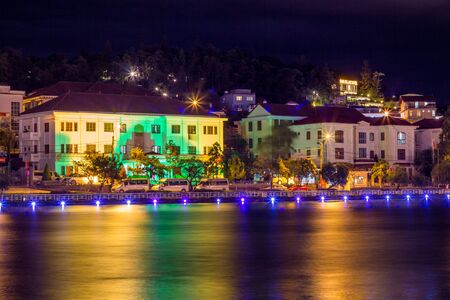 Lao Cai, Vietnam - July 13, 2019 : Beautiful nightscape of Sapa Lake and Sapa town.のeditorial素材