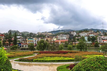 Lao Cai, Vietnam - July 15, 2019 : Cloudy sky and morning mist above Sapa Park and Sapa townのeditorial素材