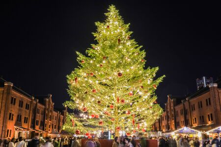 Yokohama, Japan on December 8, 2019 : Beautiful large decorated Christmas tree at Yokohama Red Brick Warehouse Christmas Market 2019.のeditorial素材