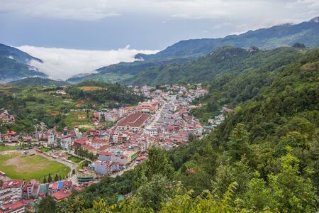 Lao Cai Province, north-west Vietnam on July 14,2019 : Panorama View over Sapa Town from Mount Hamrong.のeditorial素材