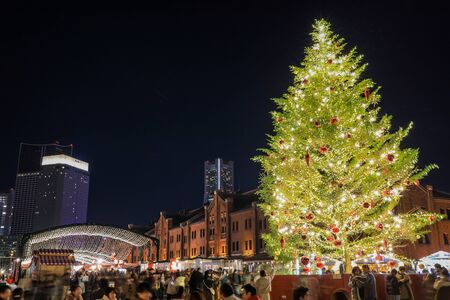 Yokohama, Japan on December 8, 2019 : Beautiful large decorated Christmas tree at Yokohama Red Brick Warehouse Christmas Market 2019.のeditorial素材