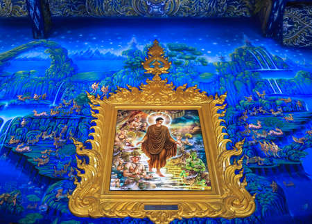 Rimkok district,Chiang Rai Province,Northern Thailand on January 19,2020:Beautiful paintings and murals telling the history of Buddhism inside the main hall of Wat Rong Suea Ten or Blue Temple.のeditorial素材