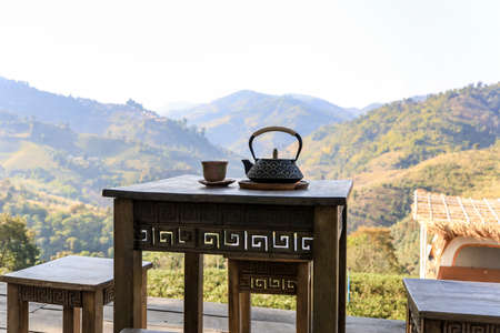Chiang Rai province,Northern Thailand on January 17,2020:Chinese style tea table with magnificent views at Wang Put Tan Tea Plantation,Doi Mae Salong.のeditorial素材