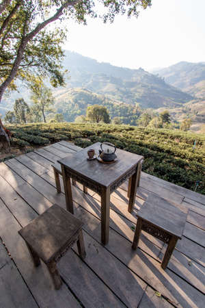 Chiang Rai province,Northern Thailand on January 17,2020:Chinese style tea table with magnificent views at Wang Put Tan Tea Plantation,Doi Mae Salong.のeditorial素材