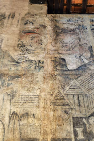 Tha Wang Pha District,Nan Province,Northern Thailand on December20,2019:Old mural paintings inside the vihara(main hall),Wat Nong Bua.のeditorial素材