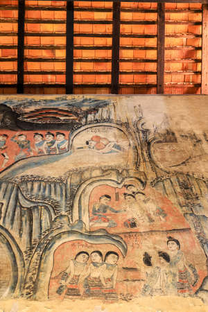Tha Wang Pha District,Nan Province,Northern Thailand on December20,2019:Old mural paintings inside the vihara(main hall),Wat Nong Bua.のeditorial素材