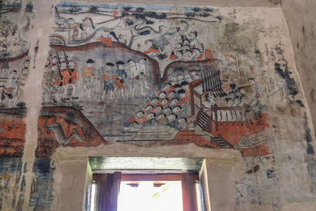 Tha Wang Pha District,Nan Province,Northern Thailand on December20,2019:Old mural paintings inside the vihara(main hall),Wat Nong Bua.のeditorial素材