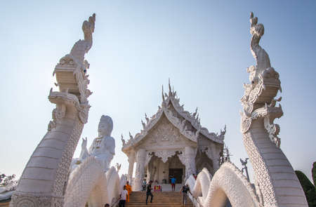 Rimkok district,Chiang Rai Province,Northern Thailand on January 19,2020:Beautiful prayer hall and large Guan Yin Statue at Wat Huay Pla Kang.A Lanna-Chinese art Temple.のeditorial素材