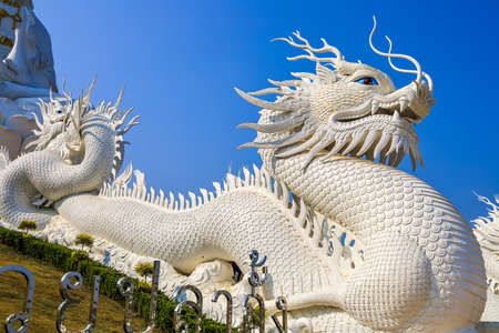 Rimkok district,Chiang Rai Province,Northern Thailand on January 19,2020:Beautiful white dragon sculptures along the staircases leading to large Guan Yin image at Wat Huay Pla Kang.のeditorial素材