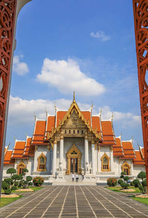 Dusit area,Bangkok,Thailand on May 1,2020:Beautiful scene from the main entrance of Wat Benchamabophit Dusitvanaram(selective focus).のeditorial素材