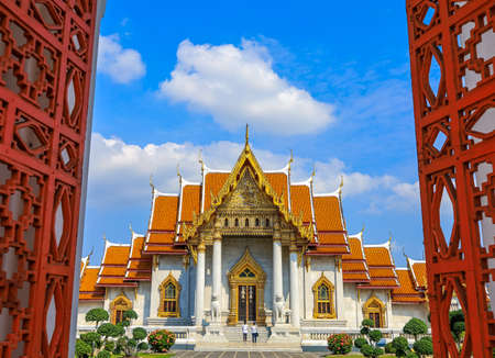Dusit area,Bangkok,Thailand on May 1,2020:Beautiful scene from the main entrance of Wat Benchamabophit Dusitvanaram(selective focus).のeditorial素材
