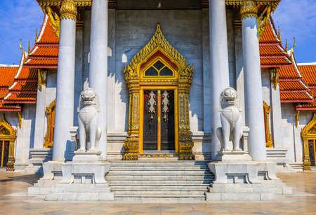 Dusit area,Bangkok,Thailand on May 1,2020:Beautiful lion sculptures in front of Ordination Hall,Wat Benchamabophit Dusitvanaram.のeditorial素材