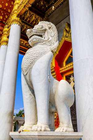 Dusit area,Bangkok,Thailand on May 1,2020:Beautiful lion sculptures in front of Ordination Hall,Wat Benchamabophit Dusitvanaram.のeditorial素材