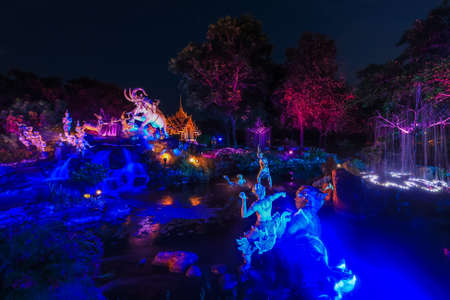 Ancient Siam,Samut Prakan,Thailand on April 3,2021:Beautiful illuminations at central zone of Ancient city during "MUANGBORAN LIGHT FEST"のeditorial素材
