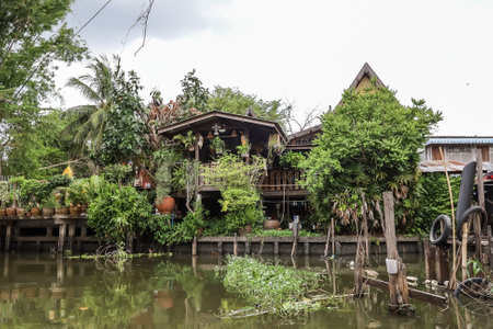 Bangkok's Thonburi side,Thailand on June5,2021:Waterfront and rural atmosphere at Khlong Bang Phromのeditorial素材