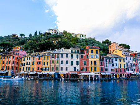 Portofino,Genoa,Italy on April3,2023:colourfully painted buildings and beautiful habour in spring.のeditorial素材