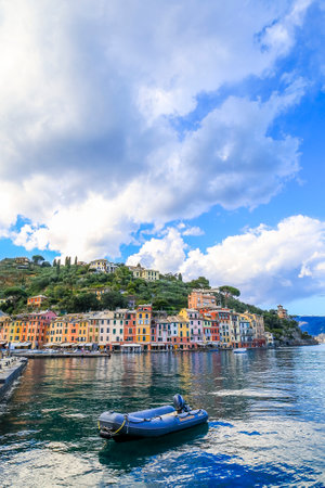 Portofino,Genoa,Italy on April3,2023:colourfully painted buildings and beautiful habour in spring.のeditorial素材