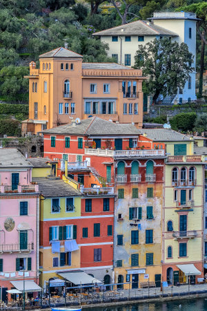 Portofino,Genoa,Italy on April3,2023:colourfully painted buildings and beautiful habour in spring.のeditorial素材