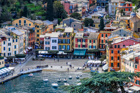 Portofino,Genoa,Italy on April3,2023:colourfully painted buildings and beautiful habour in spring.のeditorial素材