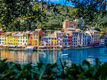 Portofino,Genoa,Italy on April3,2023:colourfully painted buildings and beautiful habour in spring.のeditorial素材
