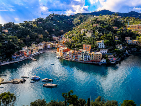 Portofino,Genoa,Italy on April3,2023:colourfully painted buildings and beautiful habour in spring.のeditorial素材