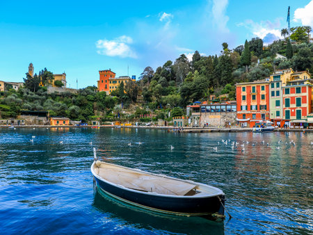Portofino,Genoa,Italy on April3,2023:colourfully painted buildings and beautiful habour in spring.のeditorial素材