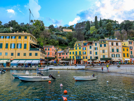 Portofino,Genoa,Italy on April3,2023:colourfully painted buildings and beautiful habour in spring.のeditorial素材