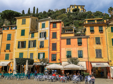 Portofino,Genoa,Italy on April3,2023:Beautiful colourfully painted buildings.のeditorial素材