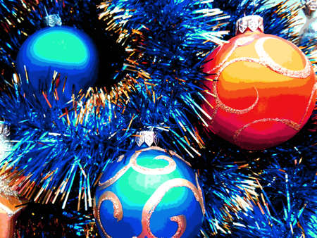 Christmas and New Year decoration balls on a blue tinsel backgroundの写真素材