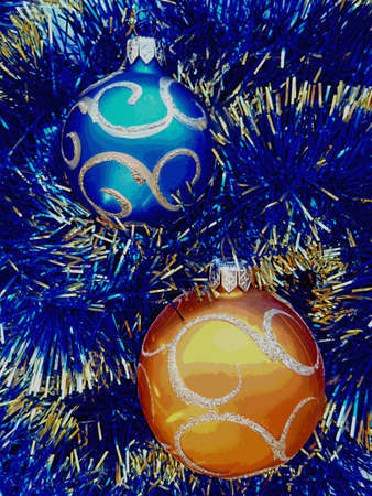 Christmas and New Year decoration balls on a blue tinsel backgroundの写真素材