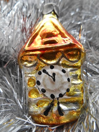 Christmas and New Year decoration clock on a silver backgroundの写真素材
