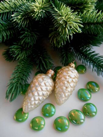 Christmas decoration pine cones and firの写真素材