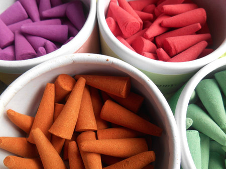 Incense multicolored in the form of pyramidsの写真素材