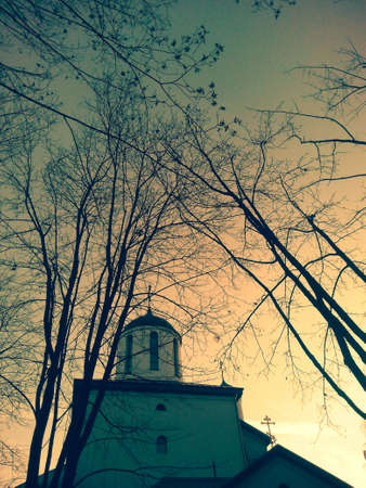 Autumn beautiful landscape church and treesの素材