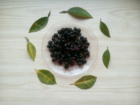 Black currant berries and green leaves on a bright wooden backgroundの素材