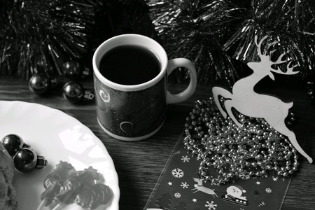 Cup of coffee christmas time black and whiteの素材