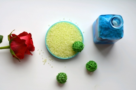 Spa yellow sea salt bath and rose flower top viewの素材