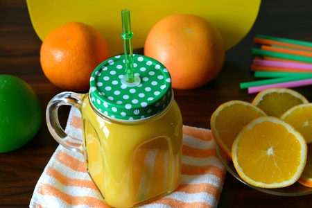 Orange juice and fruits towel backgroundの素材