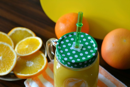Orange juice and fruits towel backgroundの素材