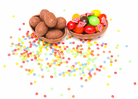 Easter chocolate eggs on a white backgroundの写真素材