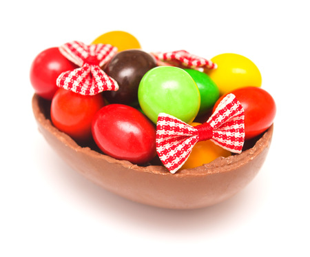 Easter chocolate eggs on a white backgroundの写真素材